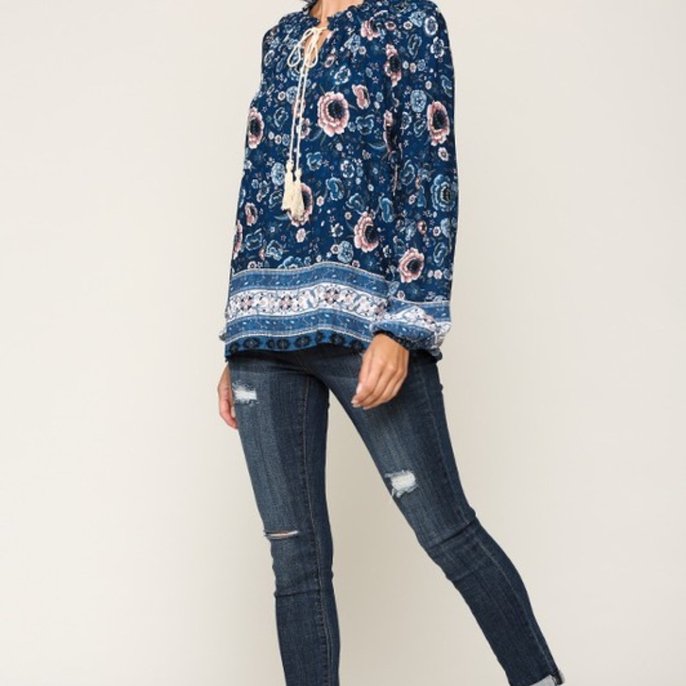 Blue Boho Floral Print Puff Sleeve Peasant Blouse - Picture 7 of 14